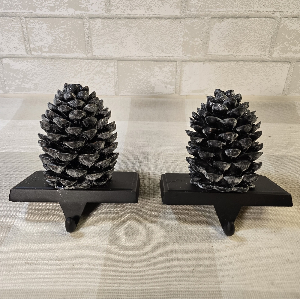 Christmas Stocking Hangers Holder Black Pinecone w/ Snow Set of 2 Heavy